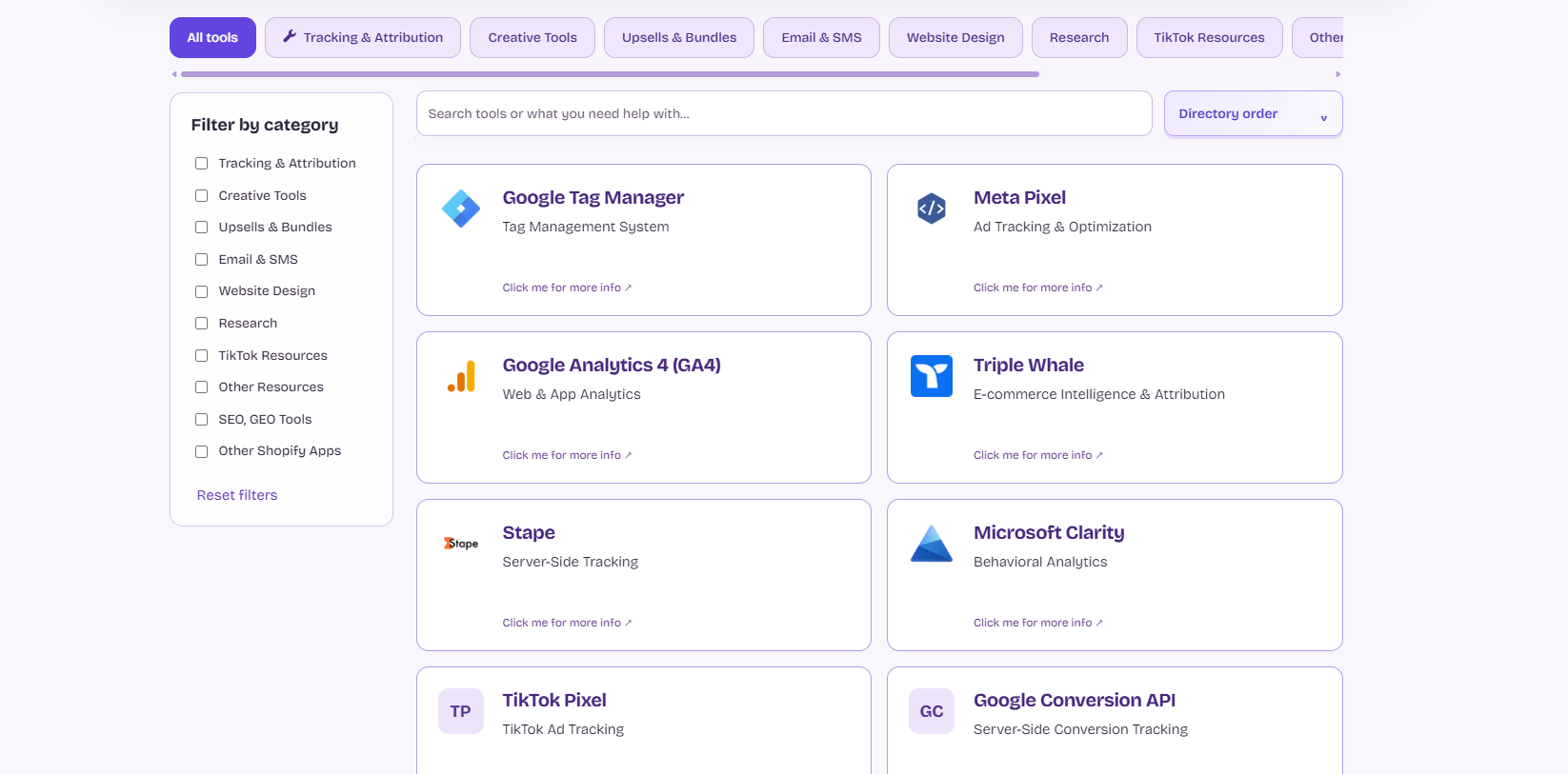 Apps and Tools directory with category filters, search and tool cards
