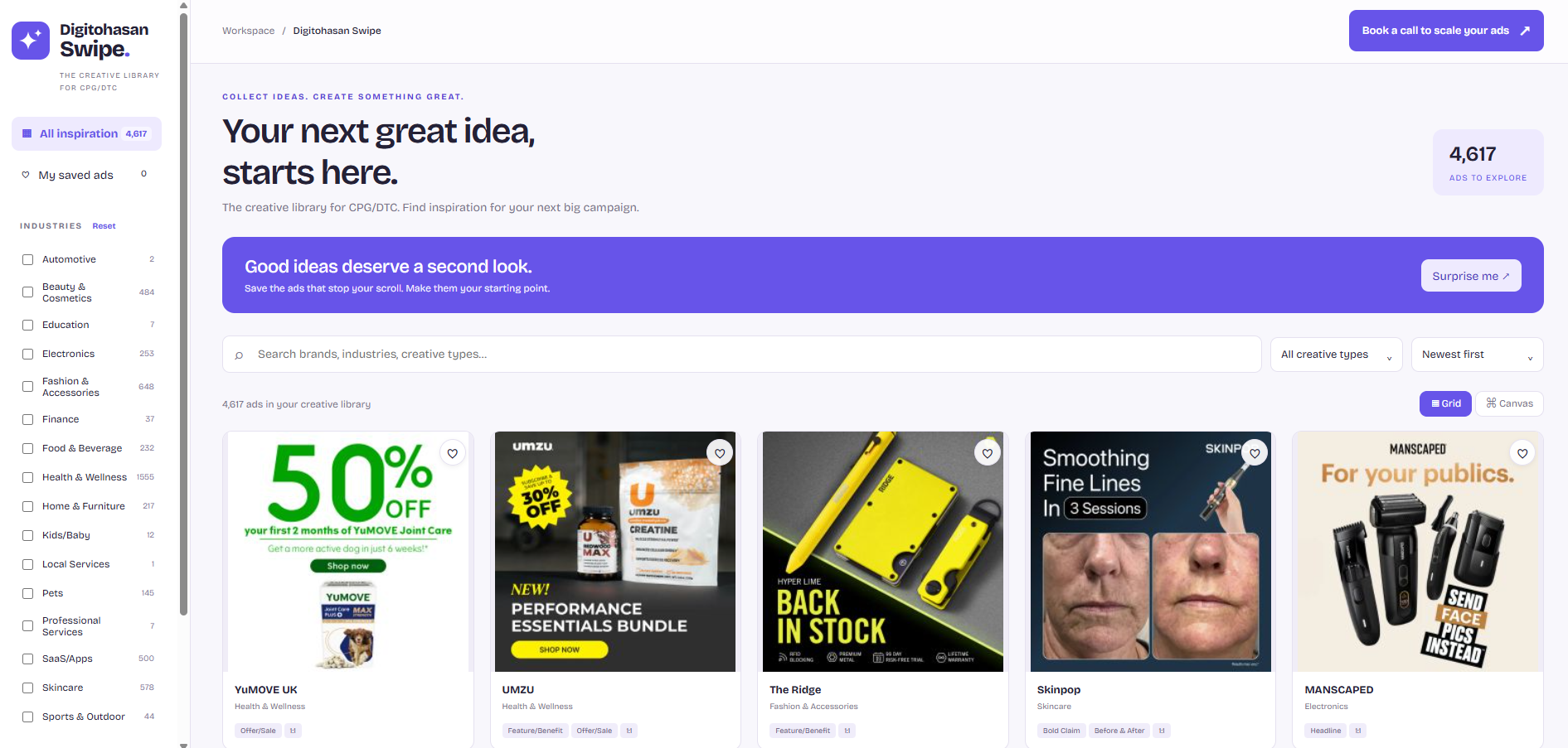 Digitohasan Swipe interface showing its searchable advertising inspiration library